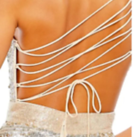 MAC DUGGAL ONE SHOULDER SEQUIN BEADED LACE UP BACK NUDE/SILVER GOWN sz 2 - Picture 2 of 8